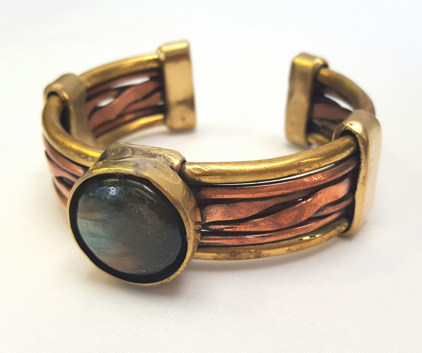 Handcrafted Copper & Brass Men’s Bangle with Labradorite Cabochon