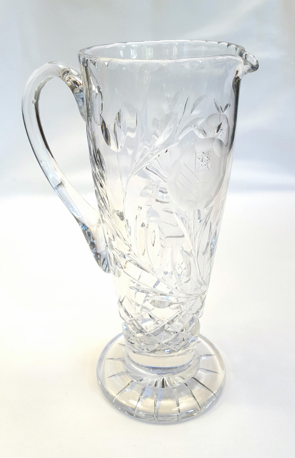 Unmarked | Hand-Cut Lead Crystal Jug | Engraved Rose & Foliage Decoration | c.1950s–1970s