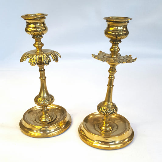 Elegant Pair of Antique Victorian Cast Brass Candlesticks